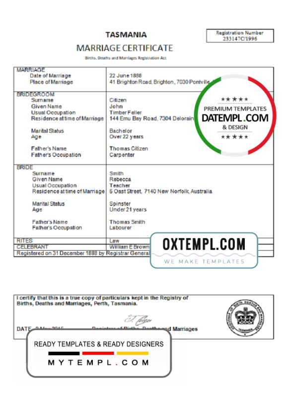 editable template, Australia Tasmania marriage certificate template in Word format