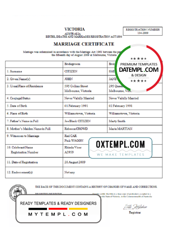 editable template, Australia Victoria marriage certificate template in Word format