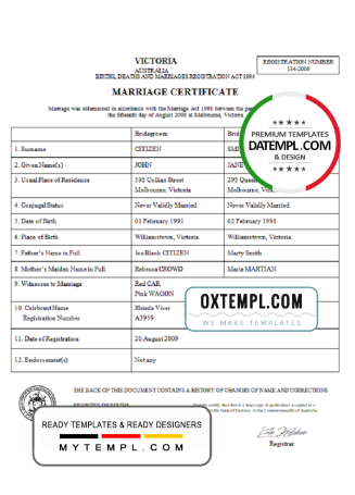 editable template, Australia Victoria marriage certificate template in Word format