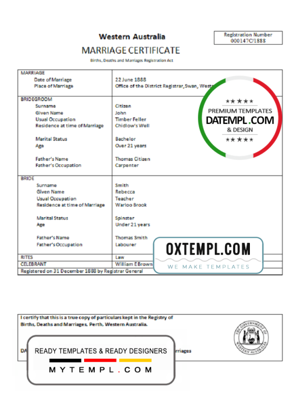 editable template, Australia Western Australia marriage certificate template in Word format