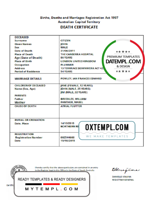 editable template, Australia Australian Capital Territory death certificate template in Word format