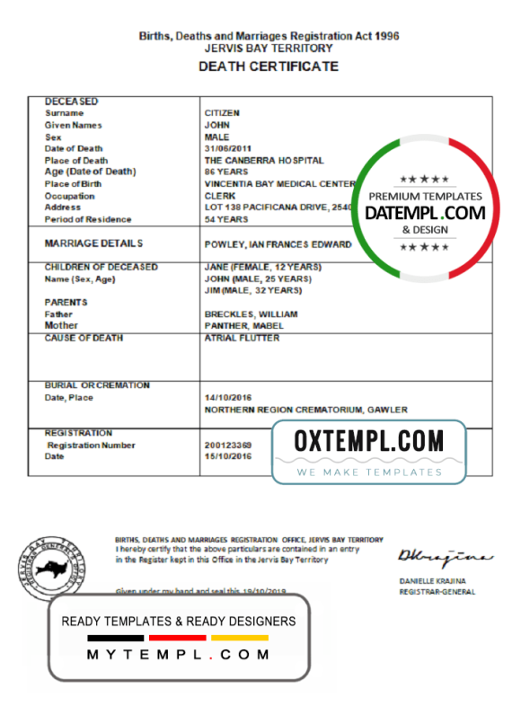 editable template, Australia Jervis Bay Territory death certificate template in Word format