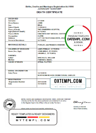 editable template, Australia Jervis Bay Territory death certificate template in Word format