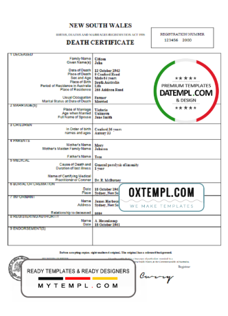 editable template, Australia New South Wales death certificate template in Word format