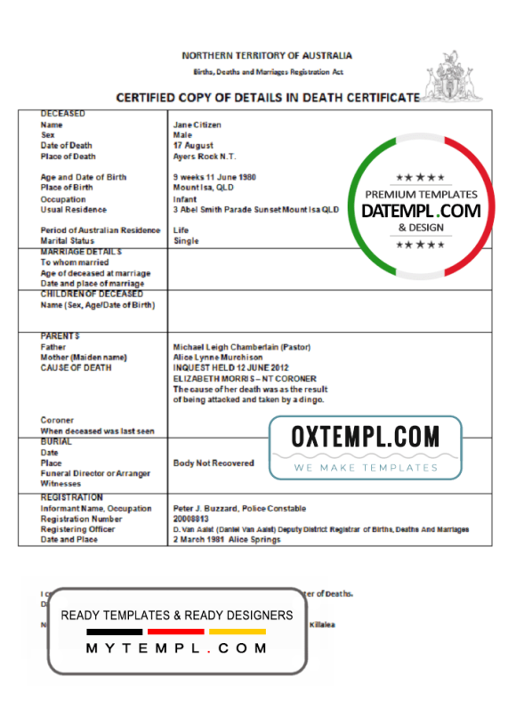 editable template, Australia Northern Territory of Australia death certificate template in Word format