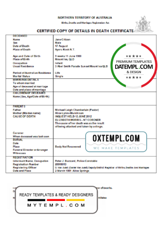 editable template, Australia Northern Territory of Australia death certificate template in Word format
