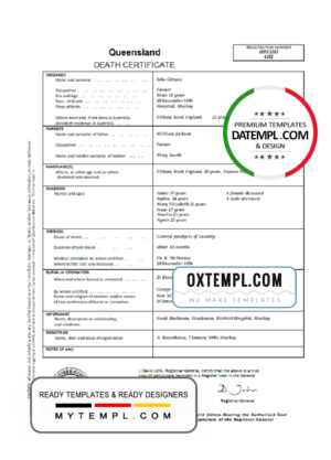 Australia Queensland death certificate template in Word format