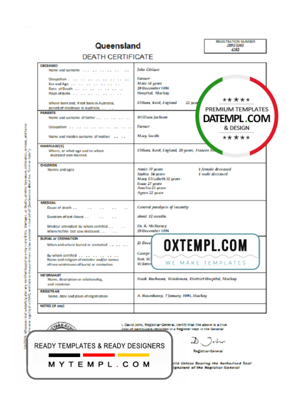 editable template, Australia Queensland death certificate template in Word format