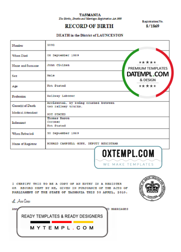 editable template, Australia Tasmania death certificate template in Word format
