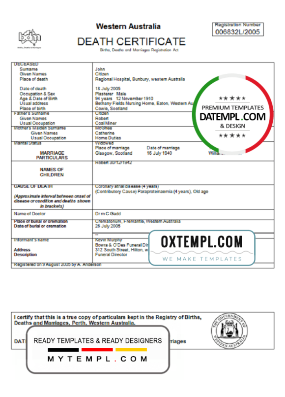 editable template, Australia Western Australia death certificate template in Word format