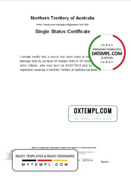 editable template, Australia Northern Territory of Australia divorce certificate template in Word format