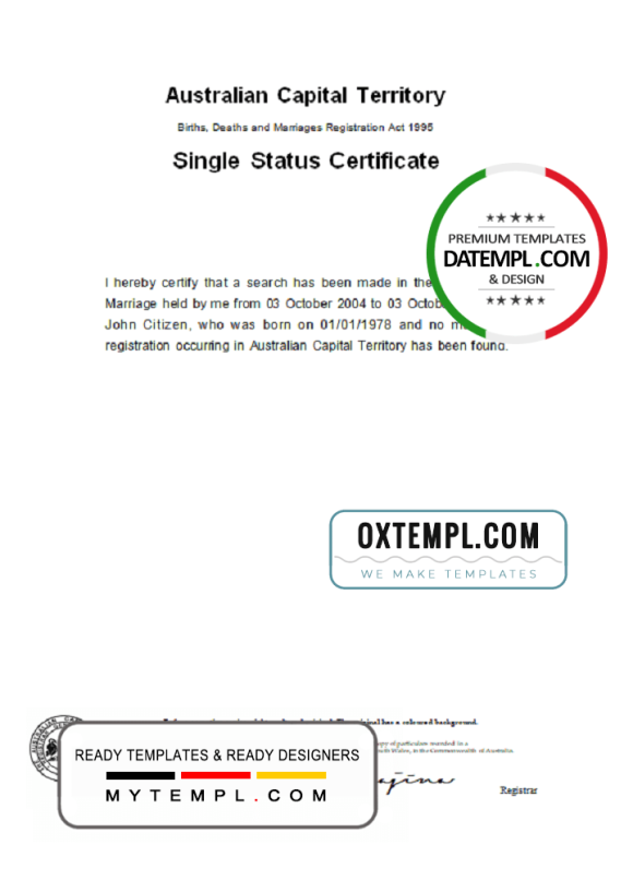 editable template, Australia Australian Capital Territory divorce certificate template in Word format
