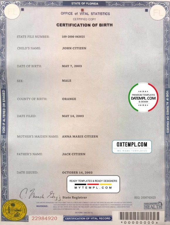 editable template, USA Florida state birth certificate template in PSD format, fully editable