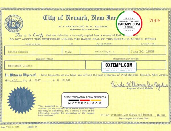 editable template, USA New Jersey state birth certificate template in PSD format, fully editable