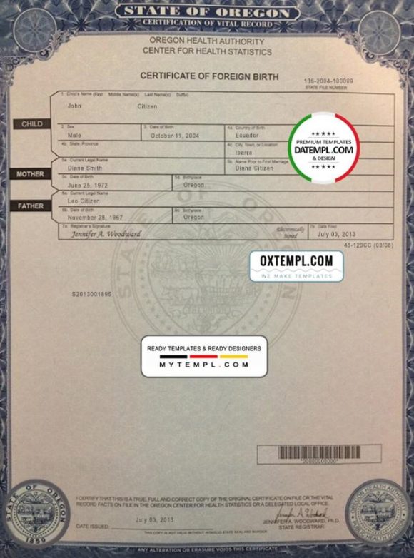 editable template, USA Oregon state birth certificate template in PSD format, fully editable