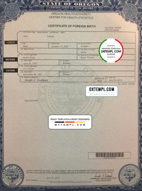 editable template, USA Oregon state birth certificate template in PSD format, fully editable