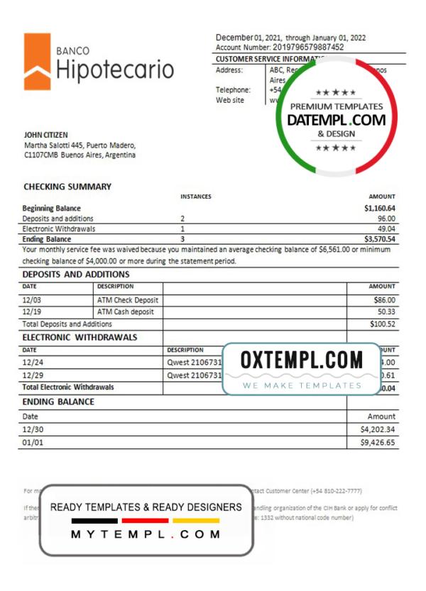 editable template, Argentina Banco Hipotecario bank statement template in Word and PDF format