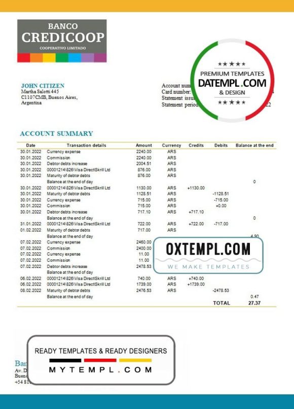 editable template, Argentina Banco Credicoop bank statement template in Word and PDF format