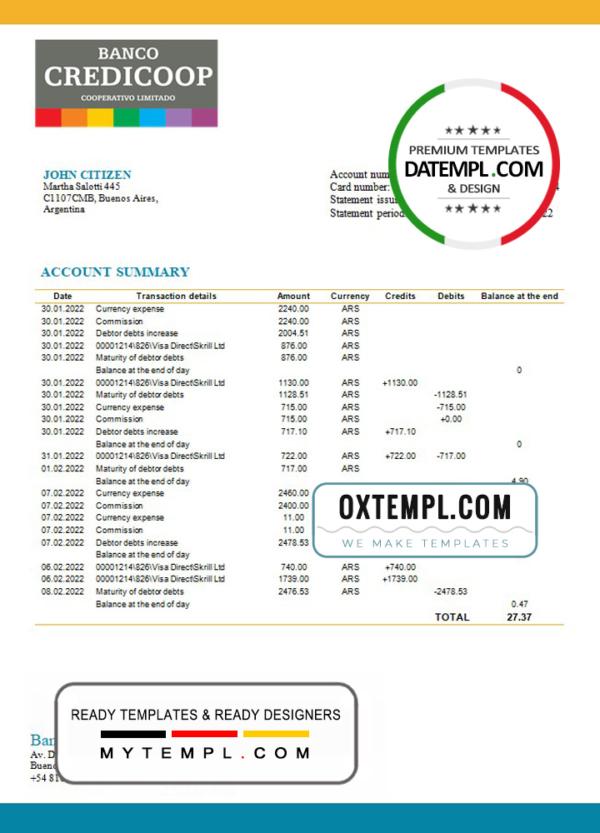 editable template, Argentina Banco Credicoop bank statement template in Word and PDF format