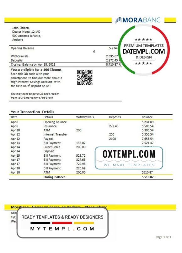 editable template, Andorra MoraBank bank statement template in Word and PDF format