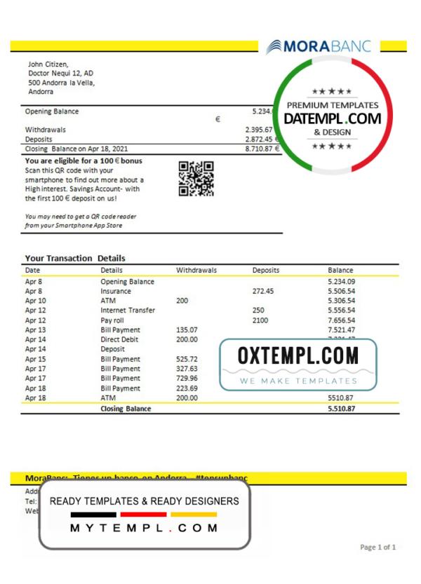 editable template, Andorra MoraBank bank statement template in Word and PDF format