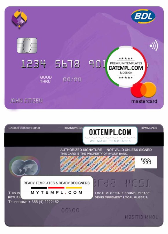 editable template, Algeria Banque de developement mastercard template in PSD format, fully editable