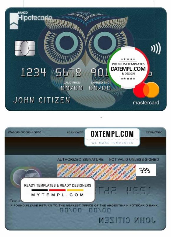 editable template, Argentina Hipotecario bank mastercard template in PSD format