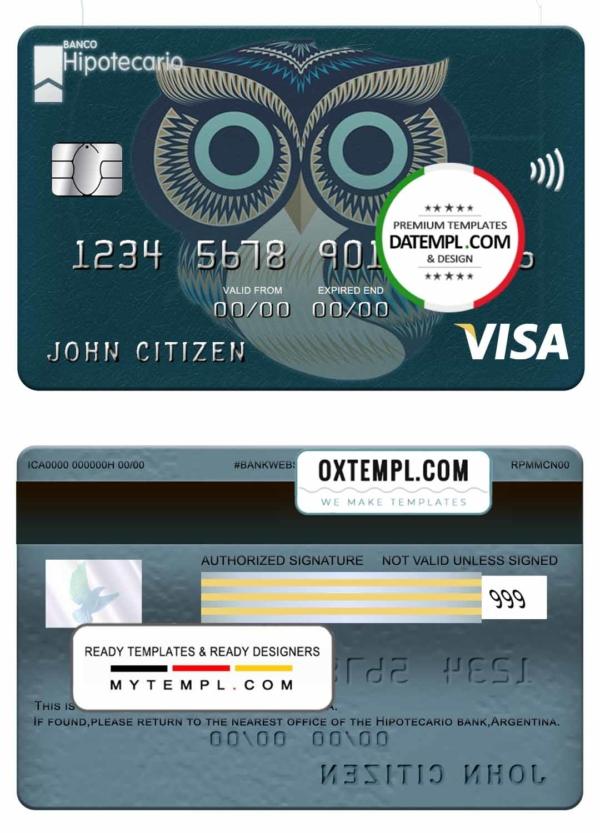 editable template, Argentina Hipotecario bank visa card template in PSD format