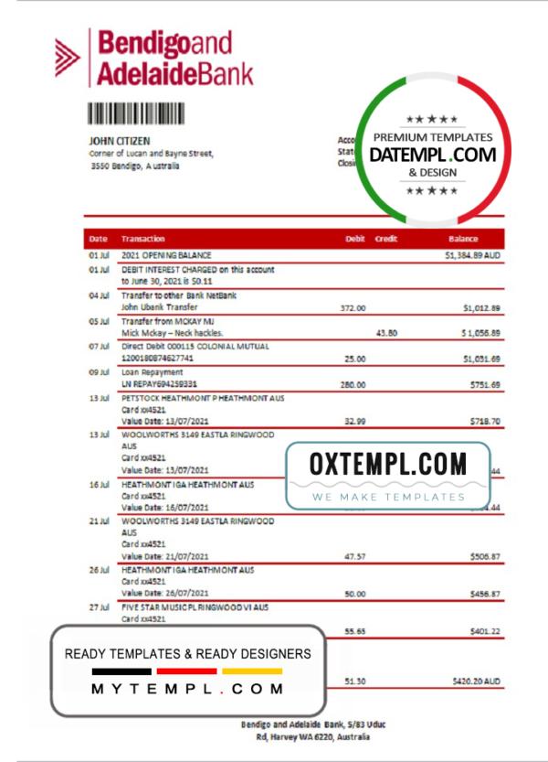 editable template, Australia Bendigo and Adelaide Bank bank statement template in Word and PDF format