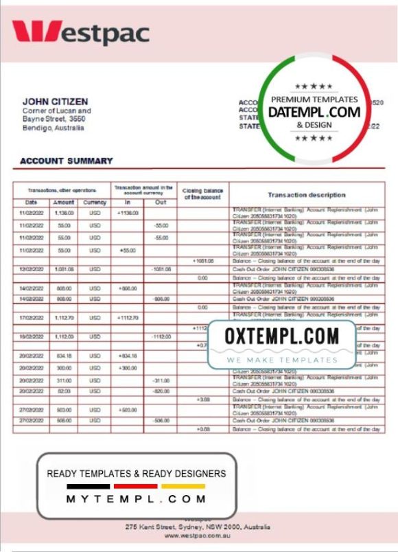 editable template, Australia Westpac bank statement template in Word and PDF format