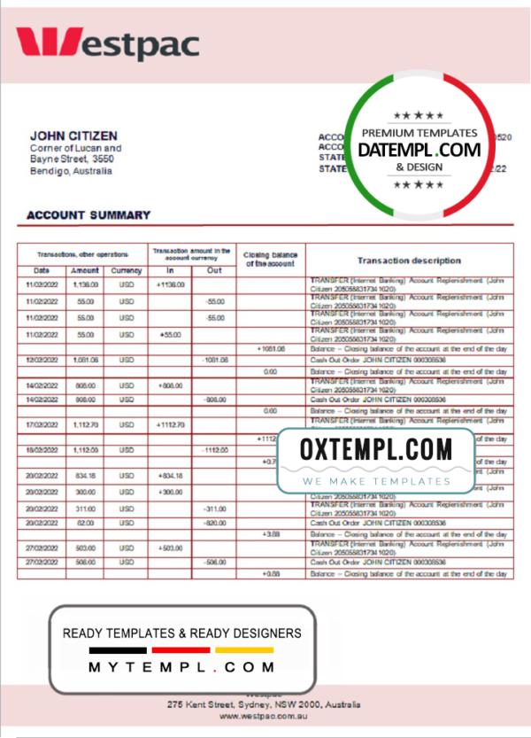 editable template, Australia Westpac bank statement template in Word and PDF format