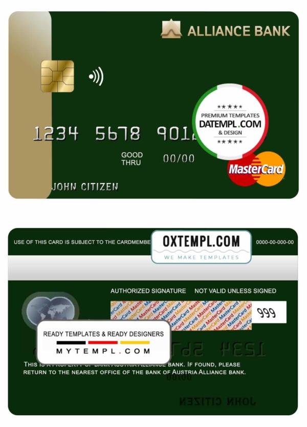 editable template, Austria Alliance bank mastercard template in PSD format, fully editable