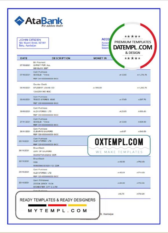 editable template, Azerbaijan Atabank bank statement template in Word and PDF format