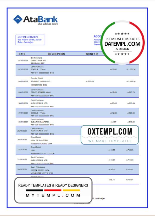 editable template, Azerbaijan Atabank bank statement template in Word and PDF format