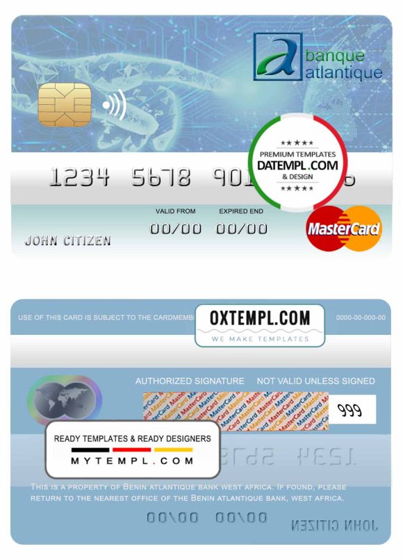 editable template, Benin Atlantique bank mastercard template in PSD format, fully editable