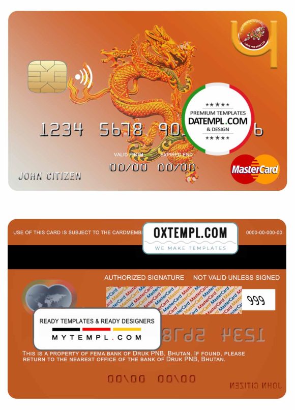 editable template, Bhutan Druk PNB bank mastercard template in PSD format, fully editable