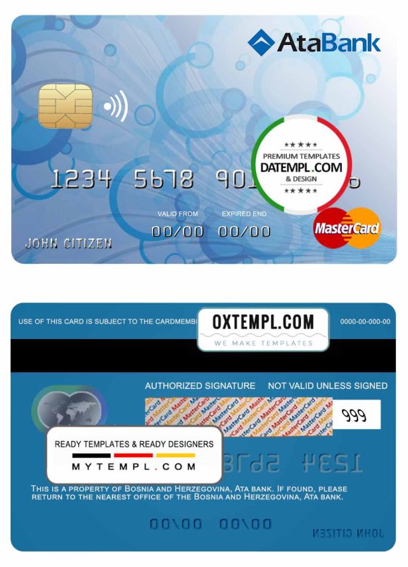 editable template, Bosnia and Herzegovina Ata bank mastercard template in PSD format, fully editable