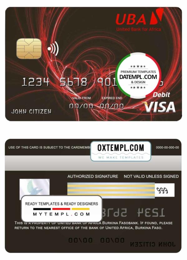 editable template, Burkina Faso United bank for Africa visa credit card template in PSD format, fully editable