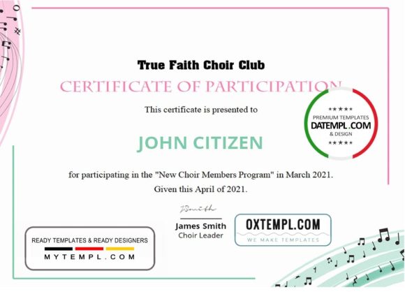 editable template, USA Choir Certificate of Participation template in Word and PDF format