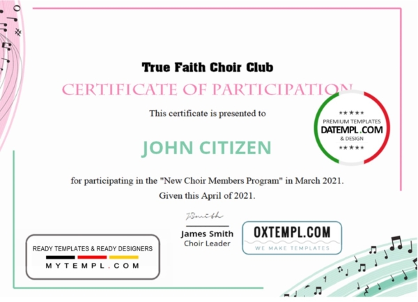 editable template, USA Choir Certificate of Participation template in Word and PDF format