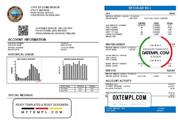 editable template, USA City of Long Beach utility bill template in Word and PDF format