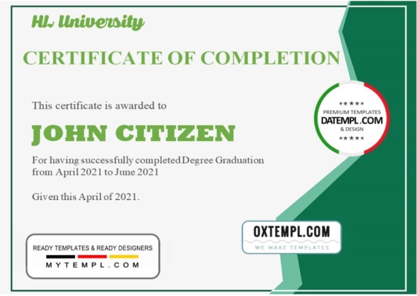 editable template, USA Completion & Graduation Ceremony certificate template in Word and PDF format