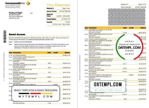editable template, Australia Commonwealth bank statement template in Word and PDF format, 23 pages