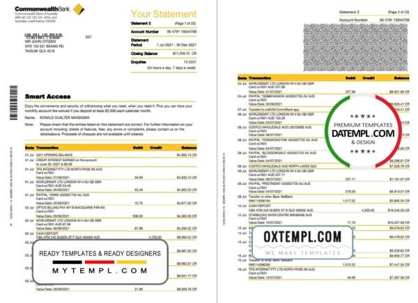 editable template, Australia Commonwealth bank statement template in Word and PDF format, 23 pages