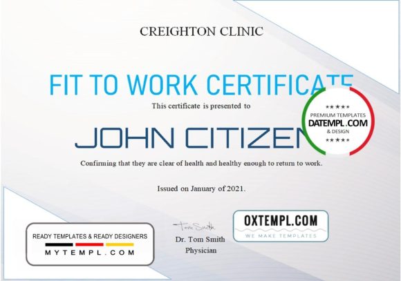 editable template, USA Fit to Work certificate template in Word and PDF format