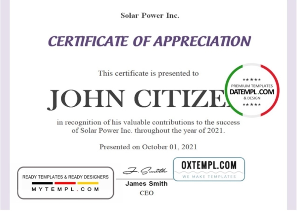 editable template, USA Employee Appreciation certificate template in Word and PDF format