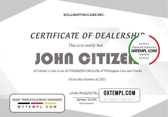 editable template, USA Dealership Completion certificate template in Word and PDF format