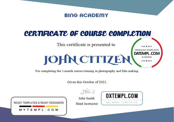 editable template, USA Course Completion certificate template in Word and PDF format