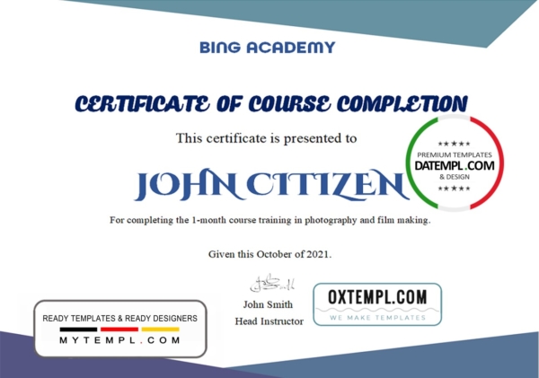 editable template, USA Course Completion certificate template in Word and PDF format