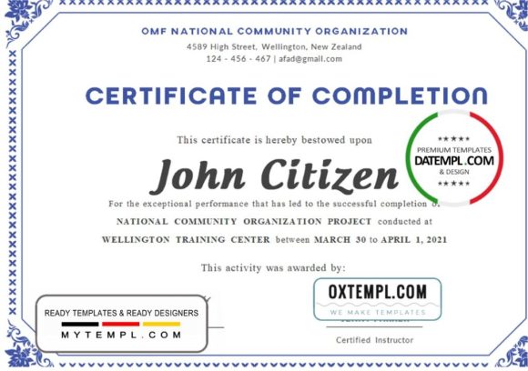 editable template, USA Completion certificate template in Word and PDF format, version 3